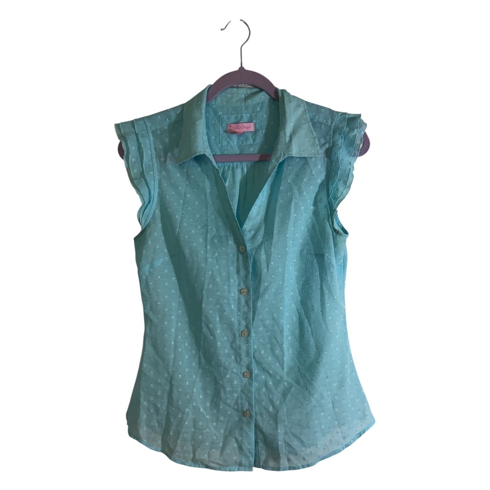 Lilly Pulitzer Sleeveless Button Up Blouse Blue 4 Womens Ruffle Swiss Dot 27921